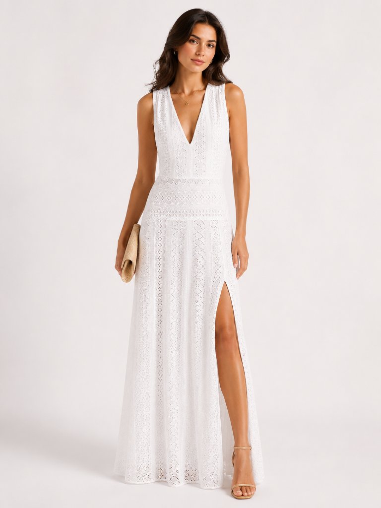 White House Black Market Eyelet Maxi Slit Boho Dress White 12 Nwt